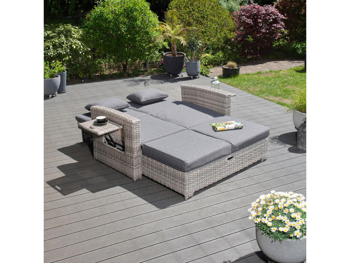 GARTEN-MULTIFUNKTIONSSOFA Sunny Grau Polyrattan ausklappbar für 2 Personen - Grau, Kunststoff (80/175/120cm) - Green Spirit