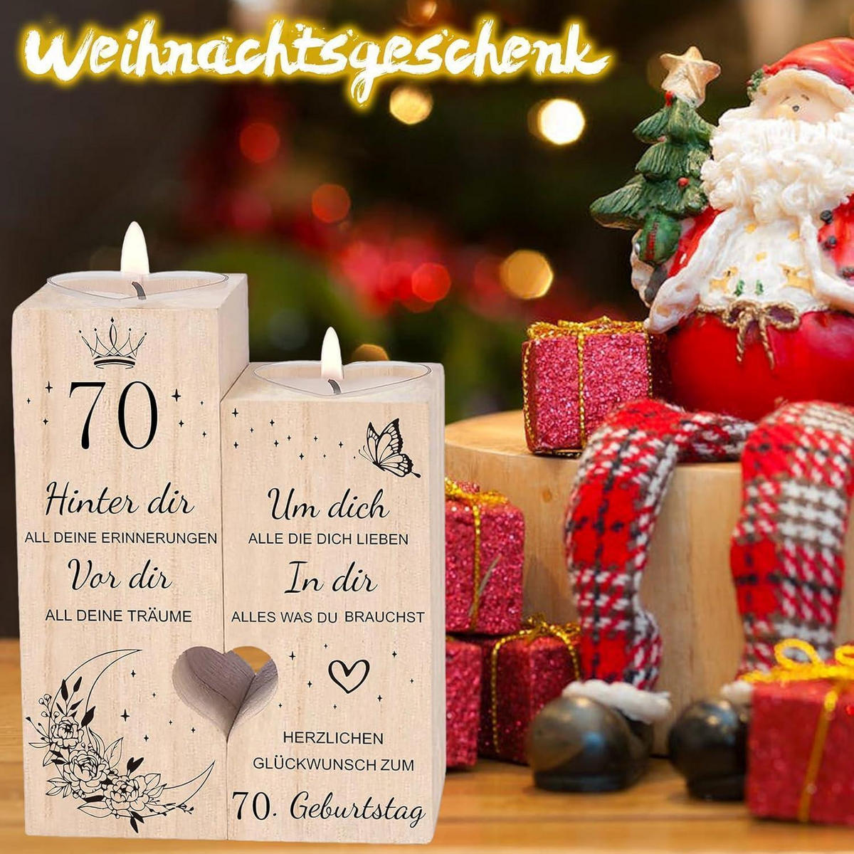 KERZENSTÄNDER 70. Geburtstag Holz 12 x 10 cm - Braun, Holz (5/13/10cm)