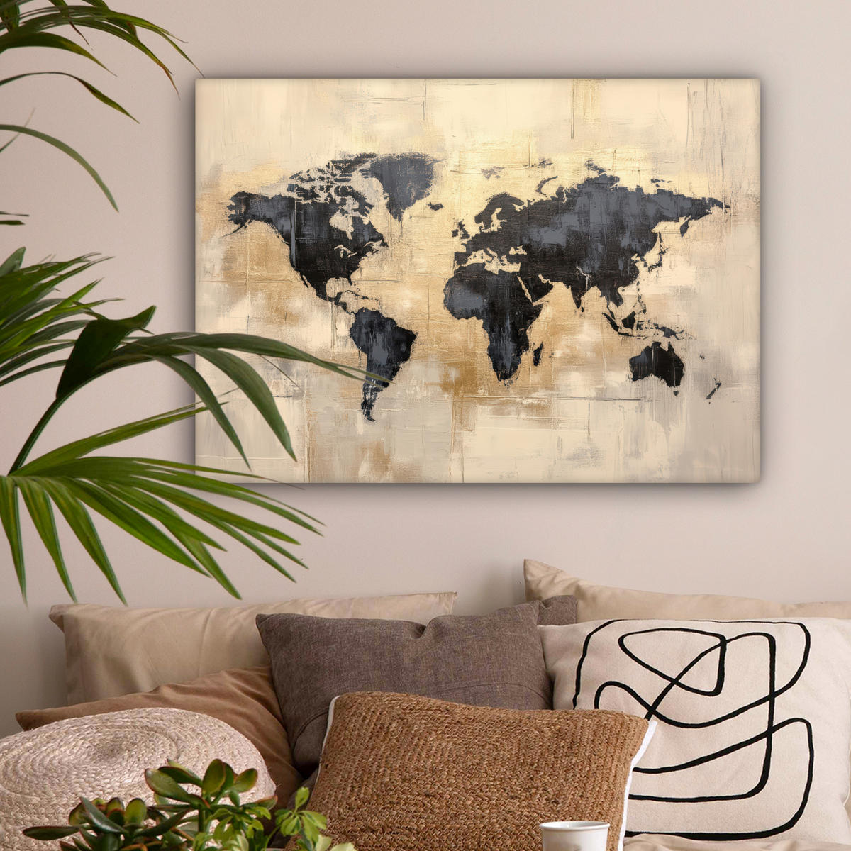 LEINWANDBILD Weltkarte - Gold - Schwarz - Abstrakt Wandbilder 80x60 cm - Kupferfarben, Textil (80/60cm) - MuchoWow