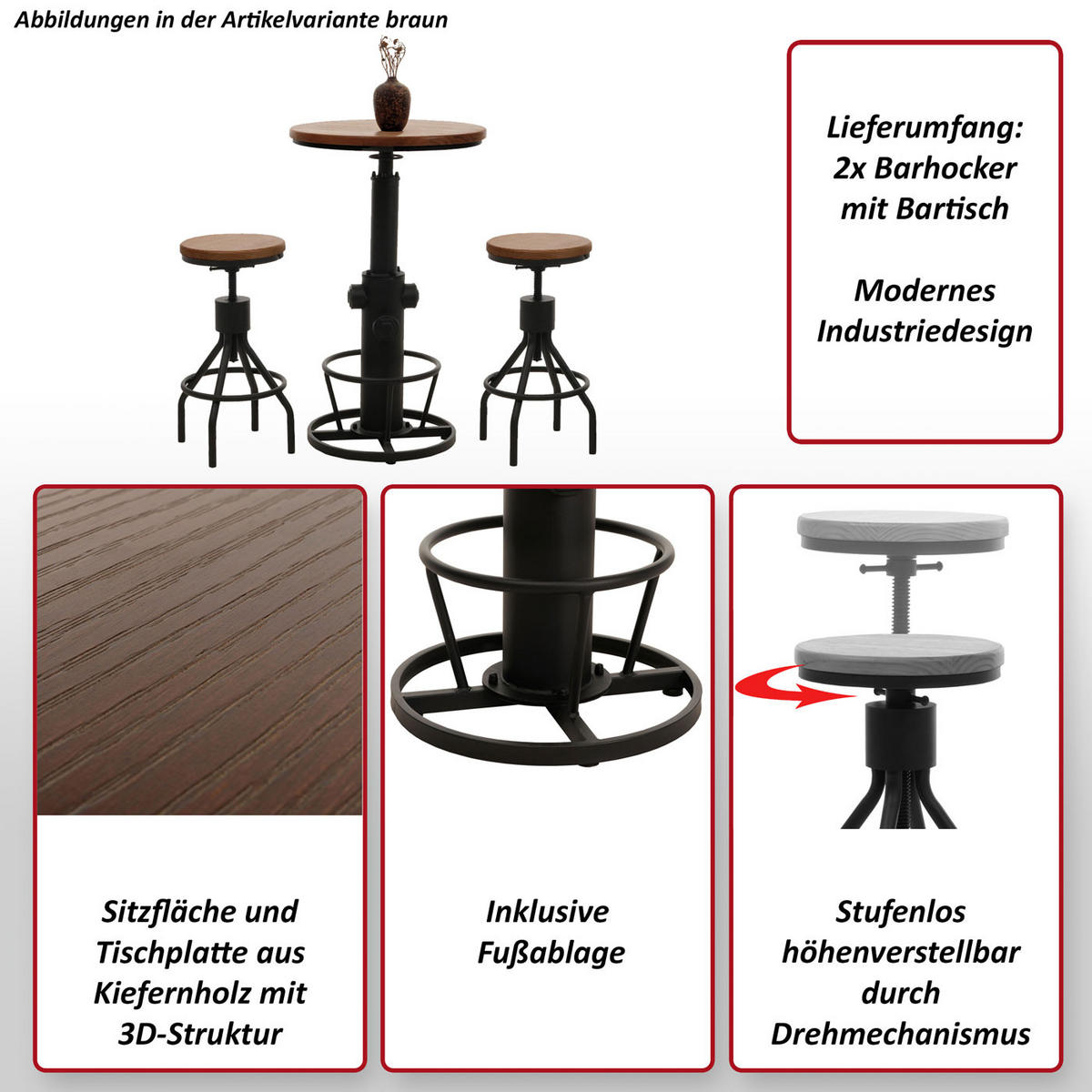 SET BARTISCH + BARHOCKER Braun 3er-Set - Braun, Holz (61/123/61cm) - MCW
