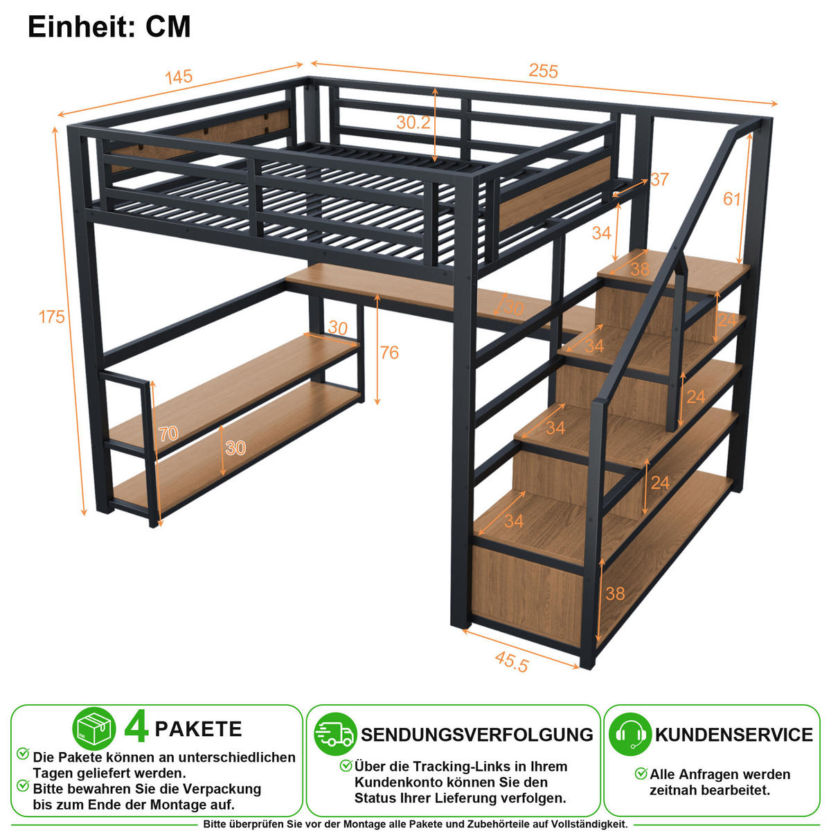 HOCHBETT 140/200 cm in Schwarz mit Aufbewahrungsleiter, Regalen und Tisch - Schwarz, Holzwerkstoff/Metall (140/200cm) - CHICFURN