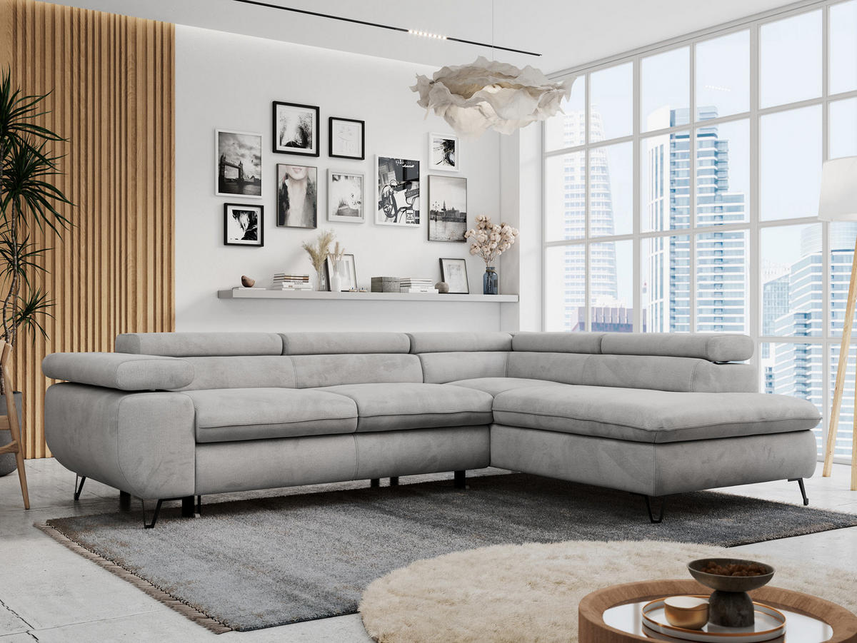 ECKSOFA PETER L Hellgrau Velvet - Rechts Seite - Hellgrau/Schwarz, Textil/Metall (273/208cm) - MKS