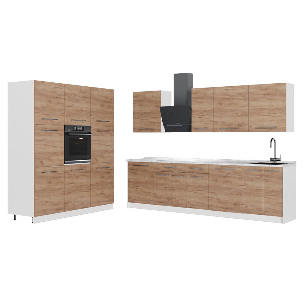 KÜCHENZEILE Fame-Line, Goldkraft Eiche/Weiß, 460 cm Arbeitsplatte Marmor - Eichefarben/Weiß, Holzwerkstoff (460/206.8/60cm) - Vicco