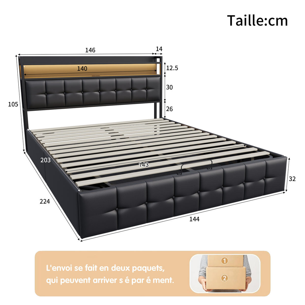 POLSTERBETT 140/200 cm, Schwarz, Kunstleder, mit LED-Beleuchtung und USB-Ladefunktion - Schwarz/Naturfarben, Holz/Metall (140/200cm) - FURNISHINGS HOME