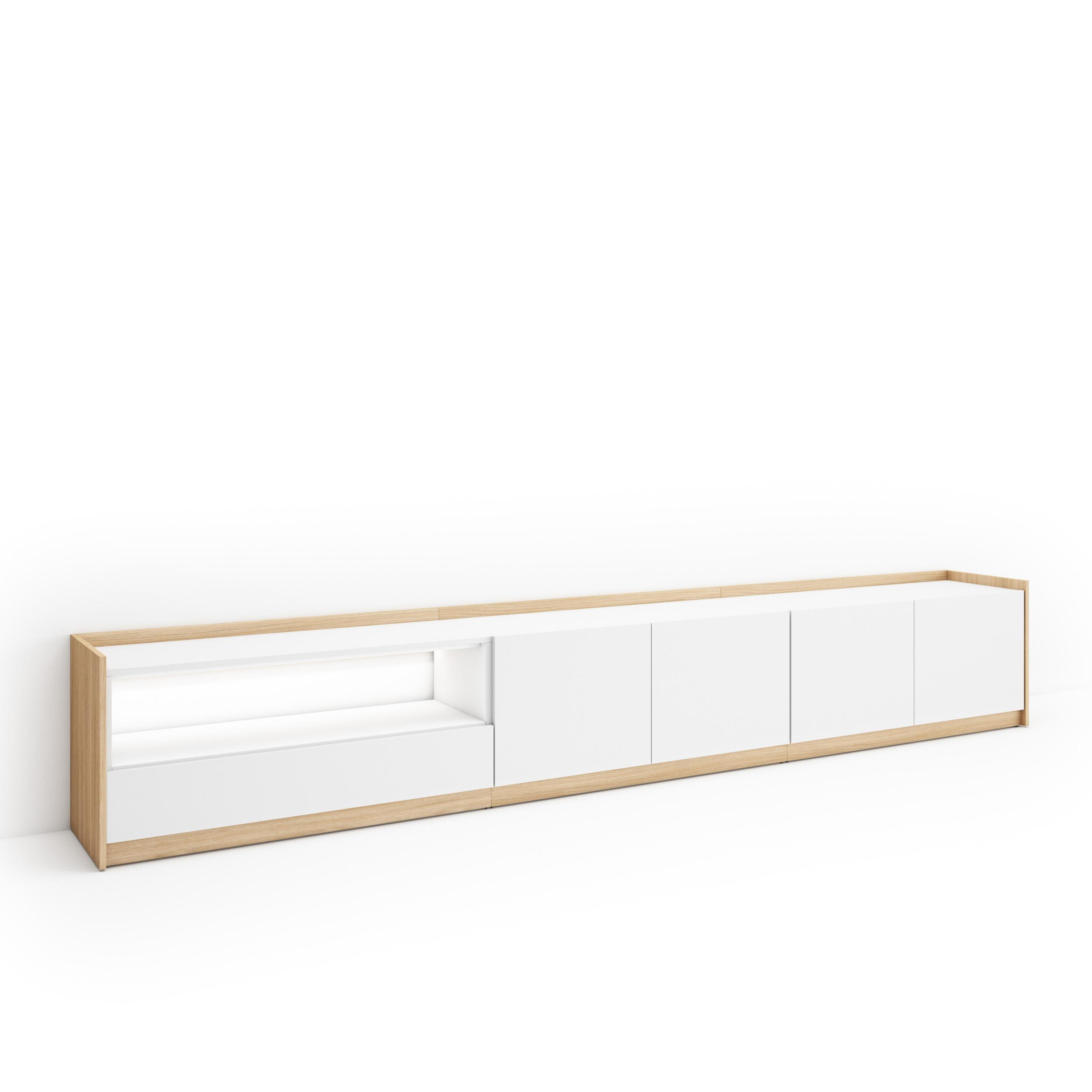 LOWBOARD, Weiß und Eiche, 310/37/50cm, mit Led - Weiß, Holzwerkstoff (310/50/37cm) - Skraut Home