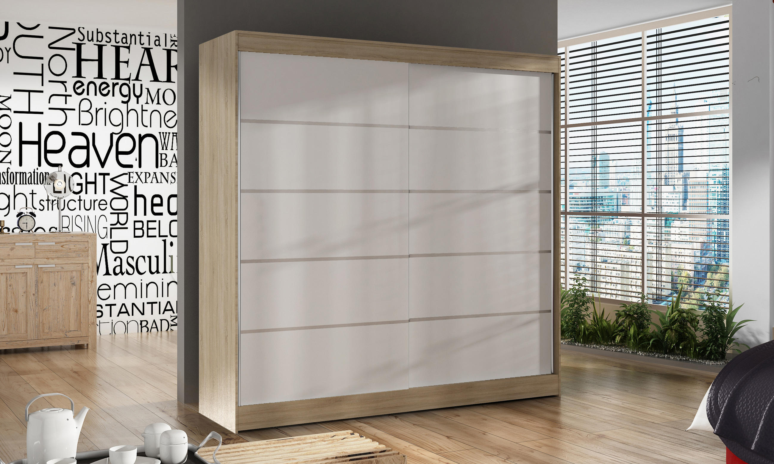 SCHWEBETÜRENSCHRANK Basti IV - 200 cm - Beige/Weiß, Holzwerkstoff/Metall (200/215/58cm) - Sofnet