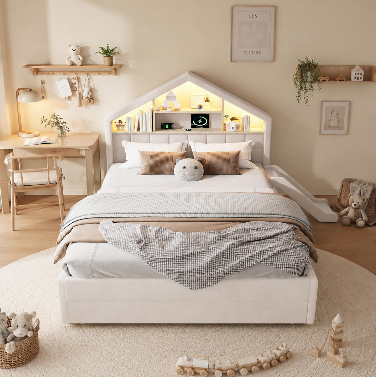 KINDERBETT aus Velvet 140x200 cm Beige mit Rutsche, LED-Beleuchtung, Ladeanschluss und Bettkasten - Beige, Textil (140/200cm) - Modfu