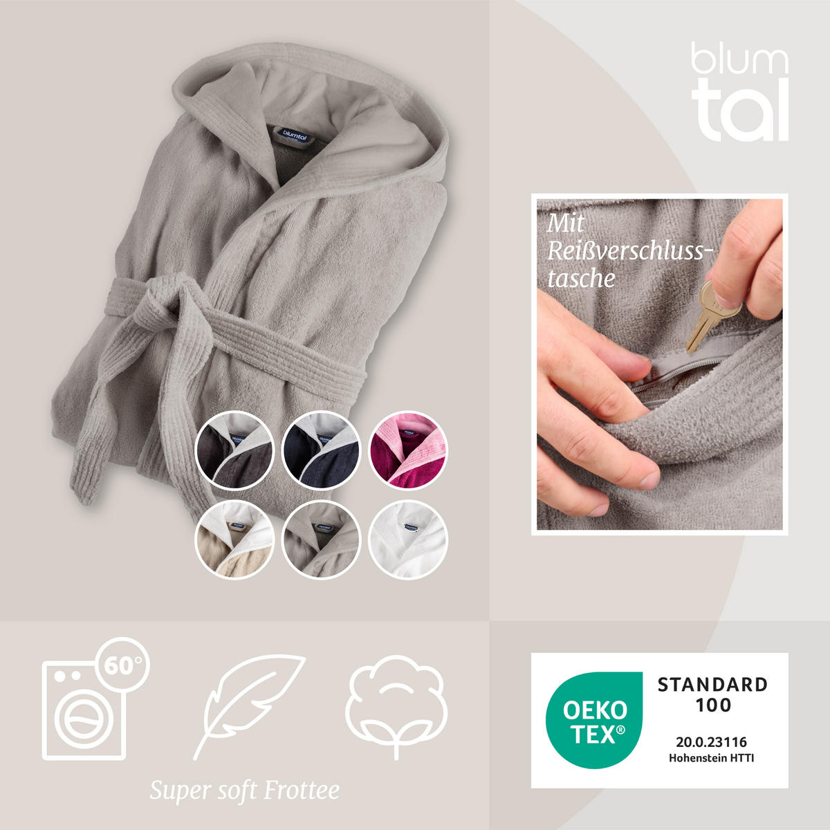 BADEMANTEL Cotton Ida: M, Grau - Grau, Textil (Mnull) - Blumtal