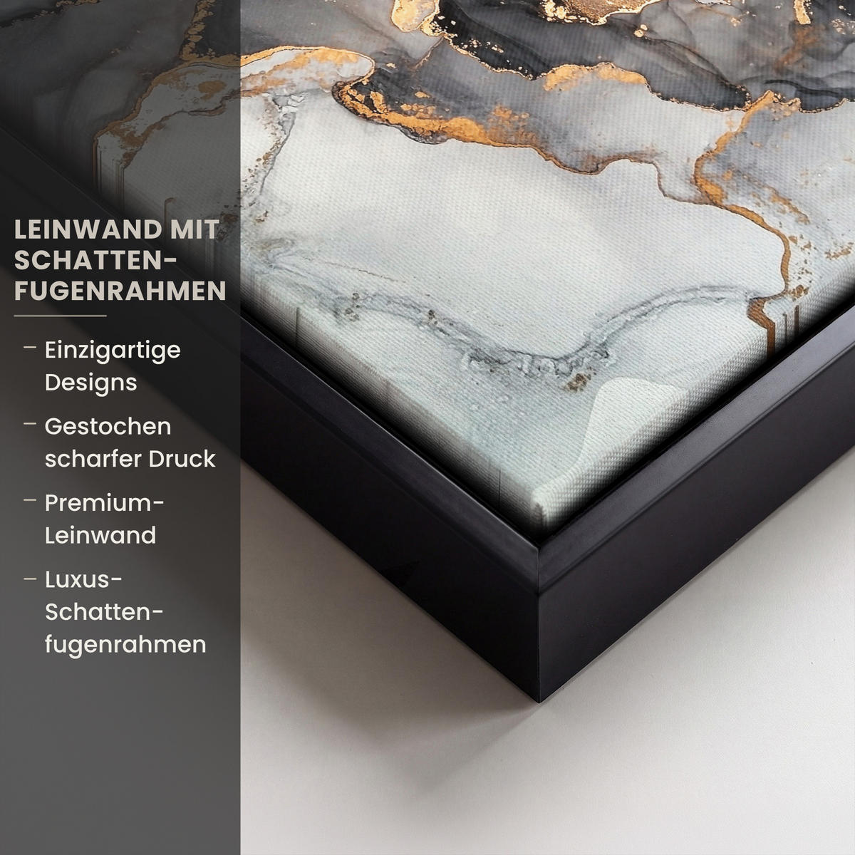 LEINWAND Bilder mit Rahmen - Marmor - Schwarz - Weiß - Gold - Luxus - Abstrakt - 20x20 - Goldfarben, Textil (20/20cm) - MuchoWow
