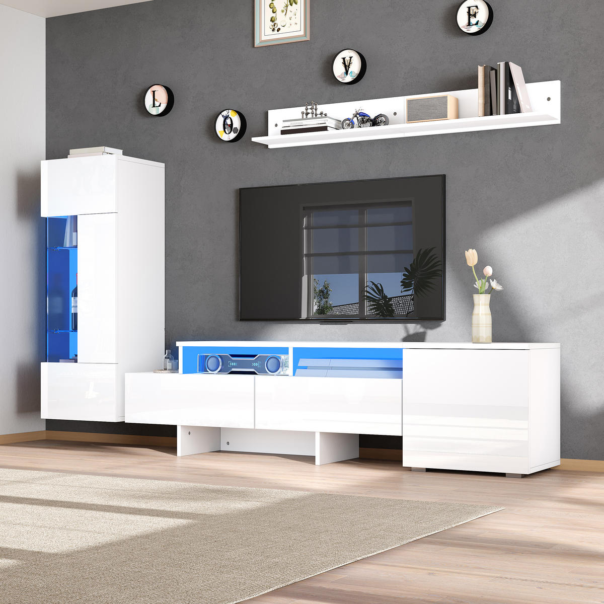 WOHNWAND 3-teilig LED Hochglanz Weiß TV Schrank - Weiß, Glas (170/45/35cm) - FLIEKS