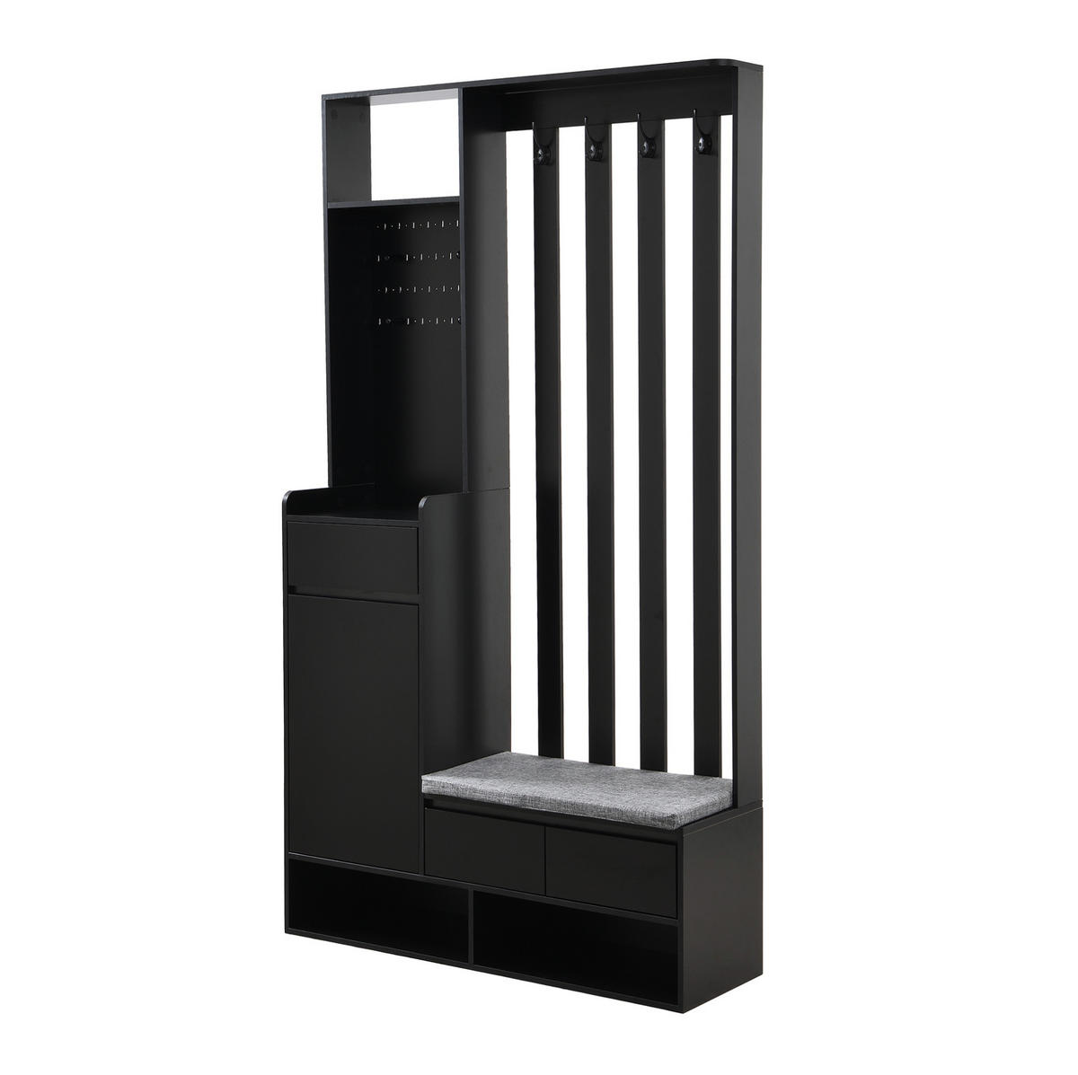 PŘEDSÍŇOVÁ stěna 180/100/35 cm černá z MDF s lavicí a perforovanou deskou - černá, kompozitní dřevo (100/180/35cm) - OKWISH