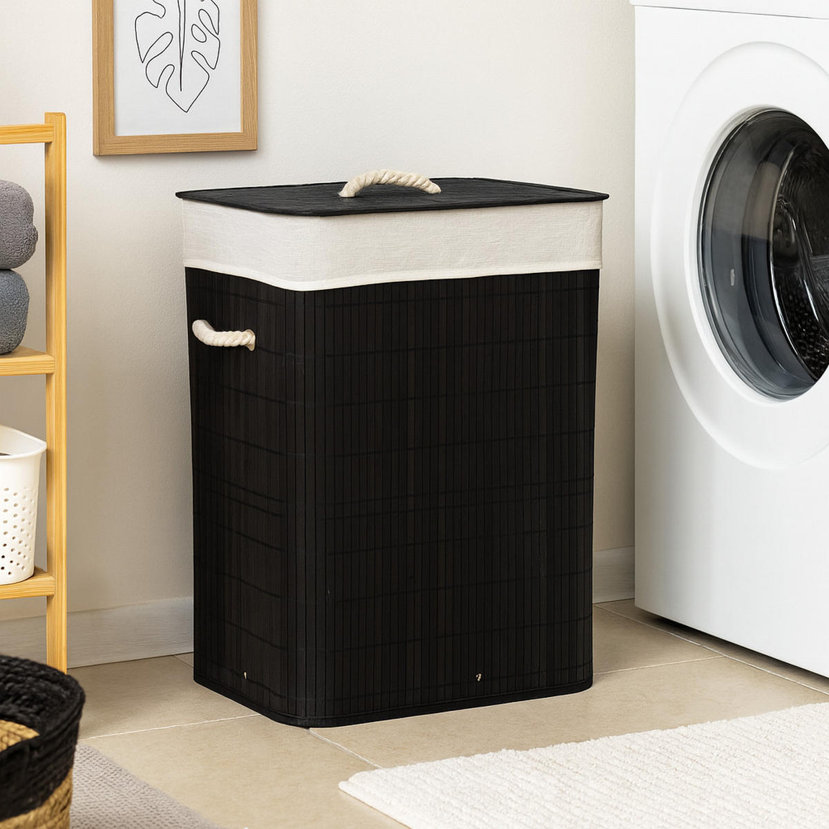 WÄSCHEKORB Bambus Schwarz mit Deckel 60x40x30 cm - Schwarz, Holzwerkstoff (40/60/30cm) - Begryf