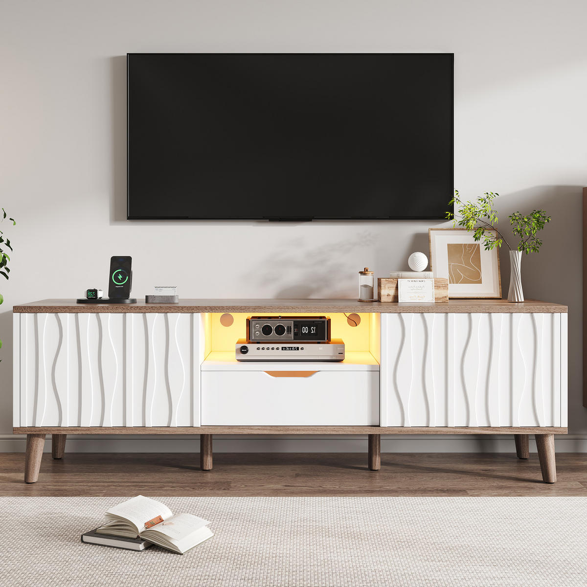 TV-LOWBOARD Weiß-Walnussfarben 160/40/52 cm - Weiß, Holzwerkstoff (160/52/40cm) - PANGIVO