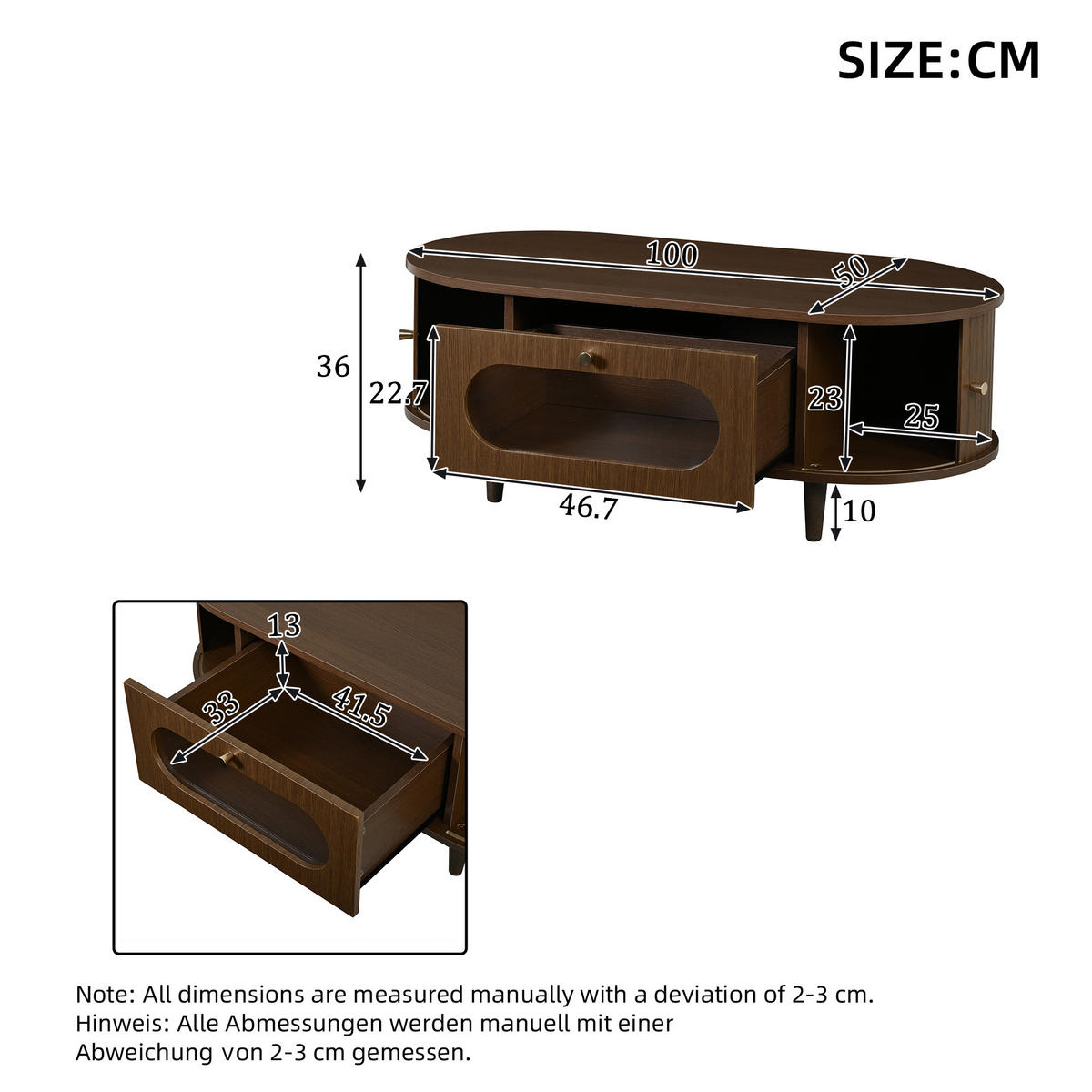 COUCHTISCH in Naturfarben Sofatisch mit Schublade und Rolltür, Sofa- und Beistelltisch mit 4 Stützbeinen, B100/T50/H36cm - Naturfarben, Glas/Holzwerkstoff (50/100/36cm) - STILVORA