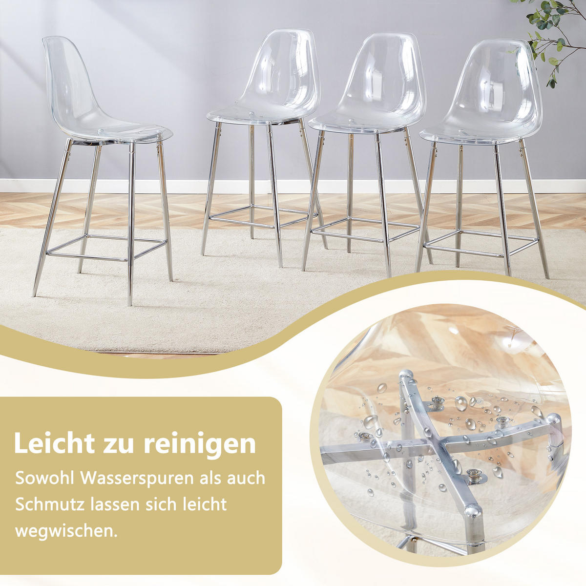 BARHOCKER DE-36582 4er Set mit transparenter Sitzschale Schwarz - Silberfarben, Kunststoff (45/102/51cm) - ComfortXL