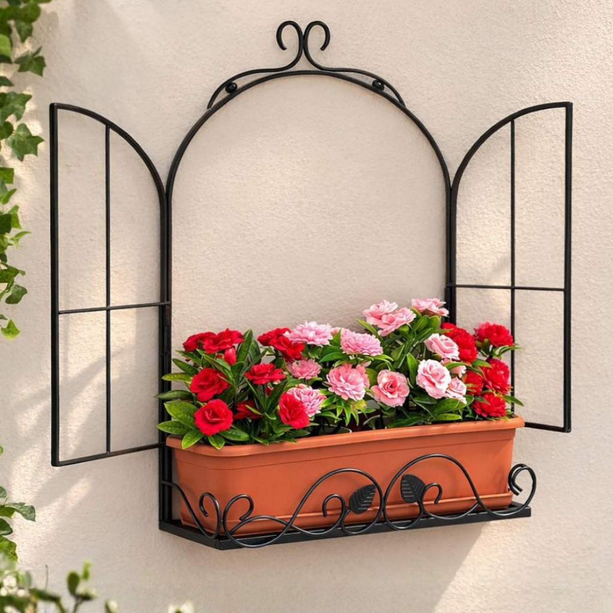 BLUMENREGAL Fenster Schwarz Metall für die Wand - Schwarz, Metall (52/62/18cm) - DanDiBo