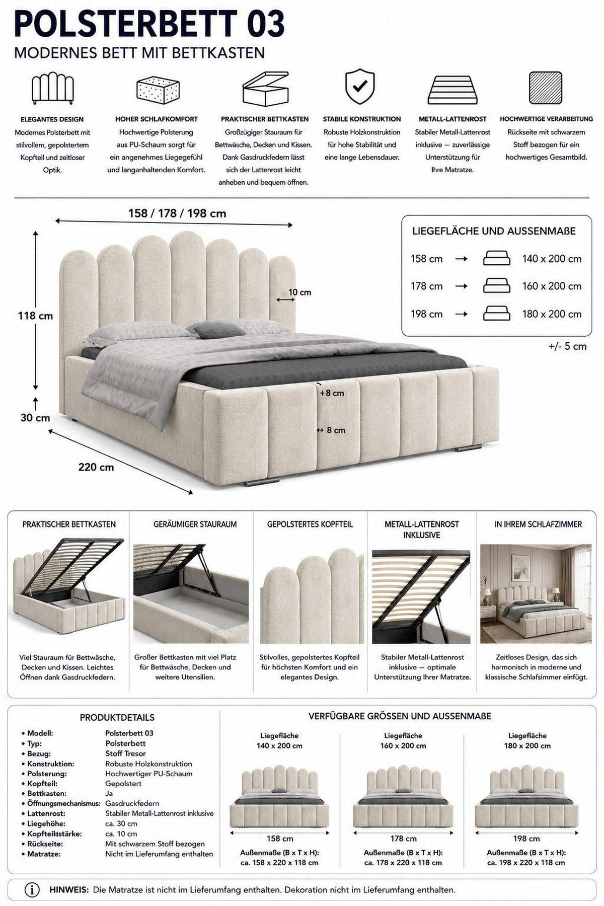 POLSTERBETT 03 140 x 200 cm – Tresor – Bett mit Gasdruckfedern und Stauraum - Grün, Holz (140/200cm) - ROYAL24_MARKT