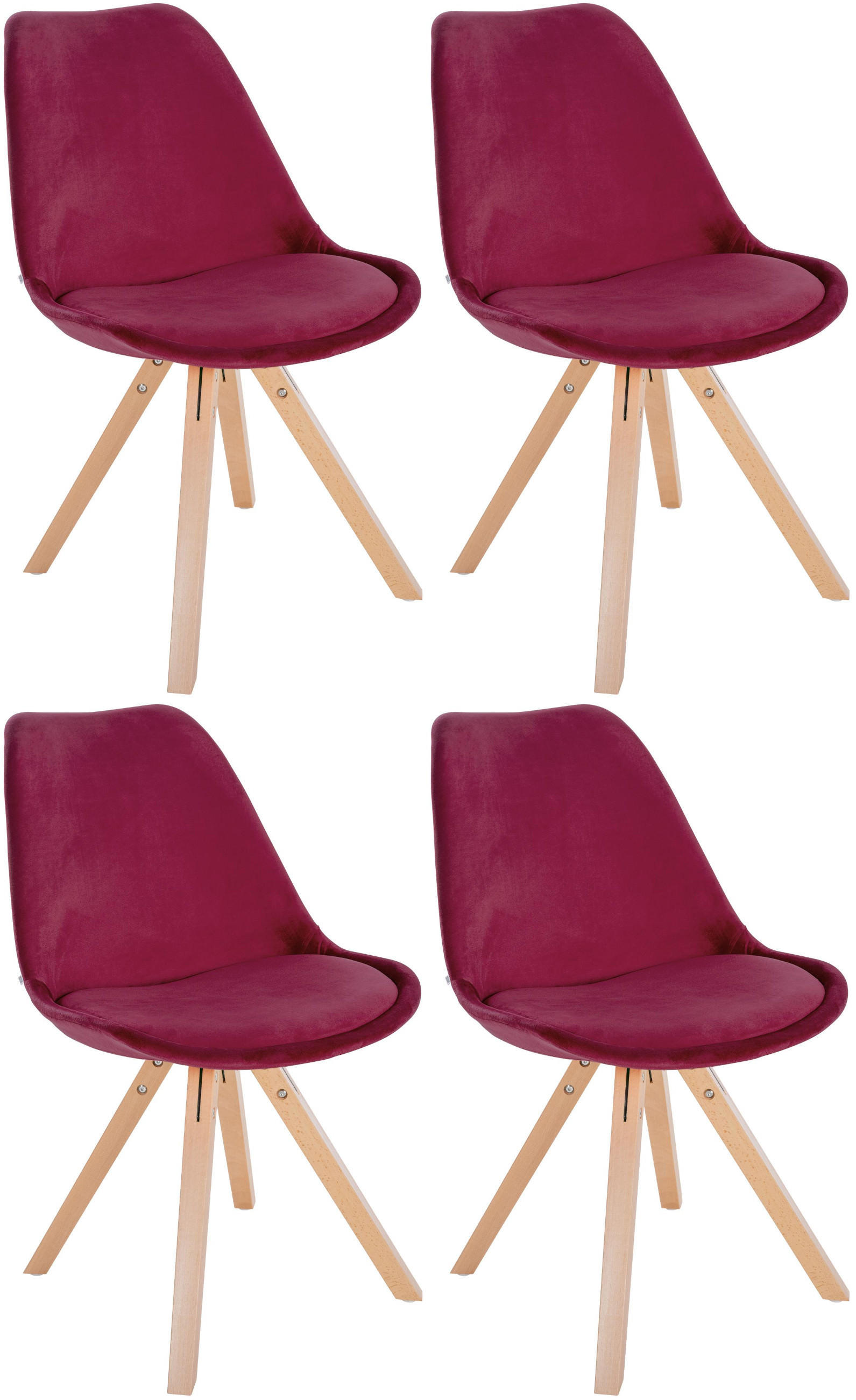 STUHL 4er Set Samt bordeauxrot - Bordeaux/Naturfarben, Holz/Textil (48/81/54cm) - CLP