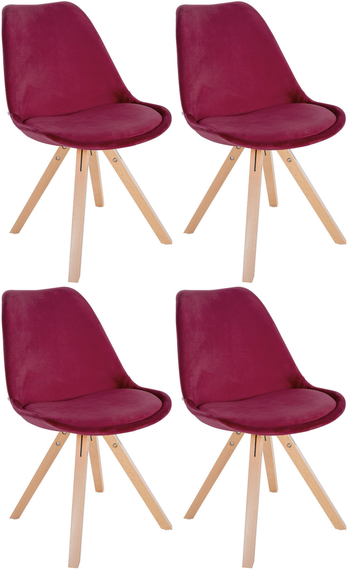 STUHL 4er Set Samt bordeauxrot - Bordeaux/Naturfarben, Holz/Textil (48/81/54cm) - CLP