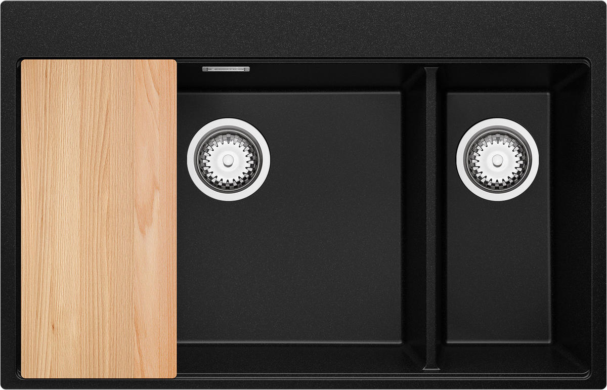 SPÜLBECKEN Oslo Duo, 2-er set Schwarz 78/50 cm 2 Becken + Ablauf-Set + Schneidebrett ab 80er Unterschrank - Chromfarben/Beige, Kunststoff (78/20/50cm) - Primagran