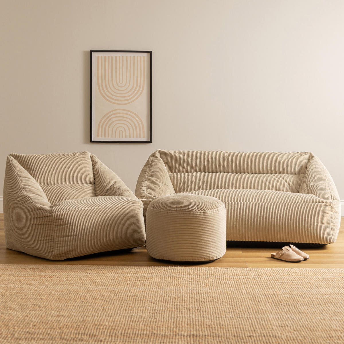SITZSACK Sofa mit Sessel und rundem Hocker Cecilia - Beige, Textil (160/35/93cm) - icon