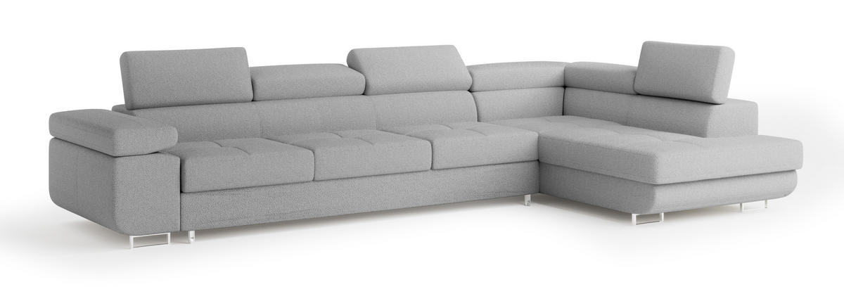 ECKSOFA VICENTE Hellgrau Boucle-Stoff mit Schlaffunktion - Hellgrau, Holz (346/202cm) - MASSENO