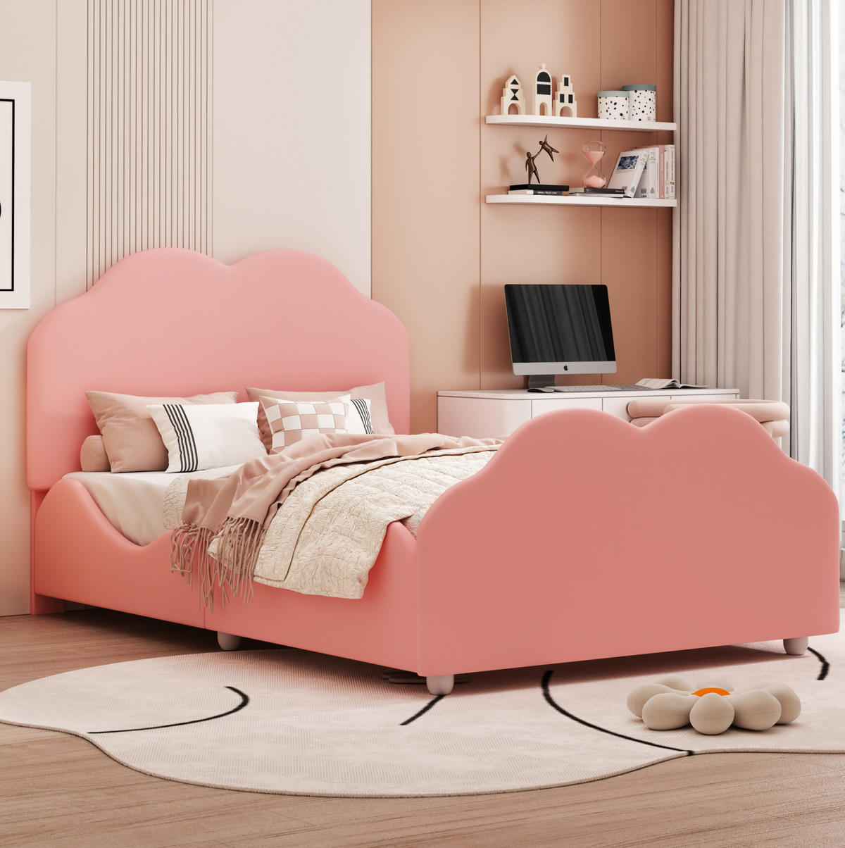 KINDERBETT 90/200 cm mit Schutzgitter und wolkenförmigem Design aus Samt, Rosa - Pink, Textil (90/200cm) - Redom