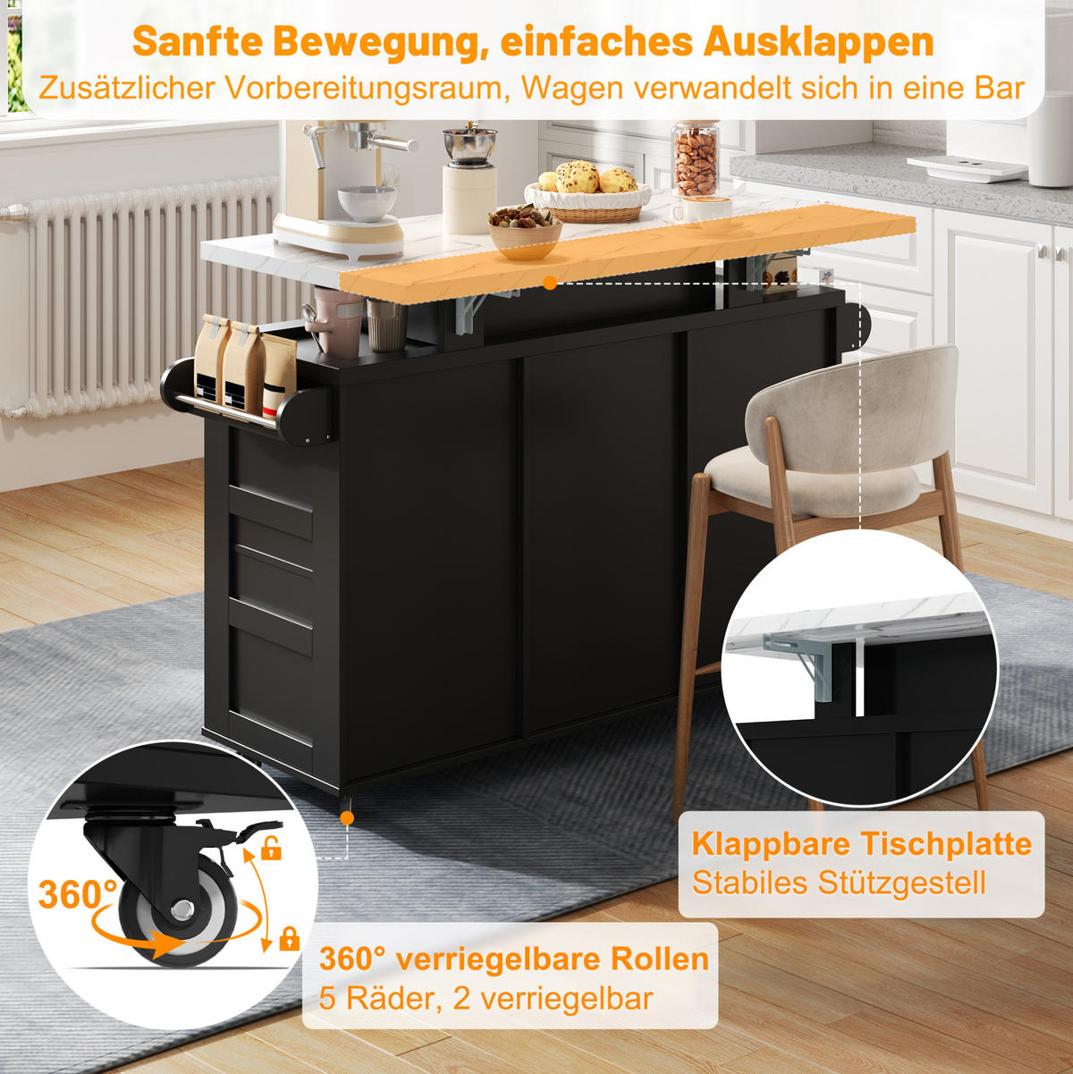 KÜCHENINSEL 138/60/93 cm mit klappbarer Arbeitsplatte, LED-Beleuchtung und Rollen, MDF, Schwarz - Schwarz, Holzwerkstoff (138/93/60cm) - Redom