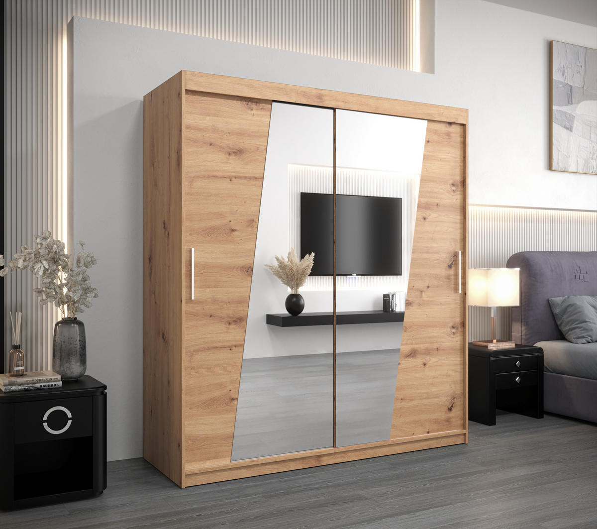 SCHWEBETÜRENSCHRANK 200/180/62 2-türig - Silberfarben/Eiche Artisan, Holz/Kunststoff (180/200/62cm) - MÖBEL KRYSPOL
