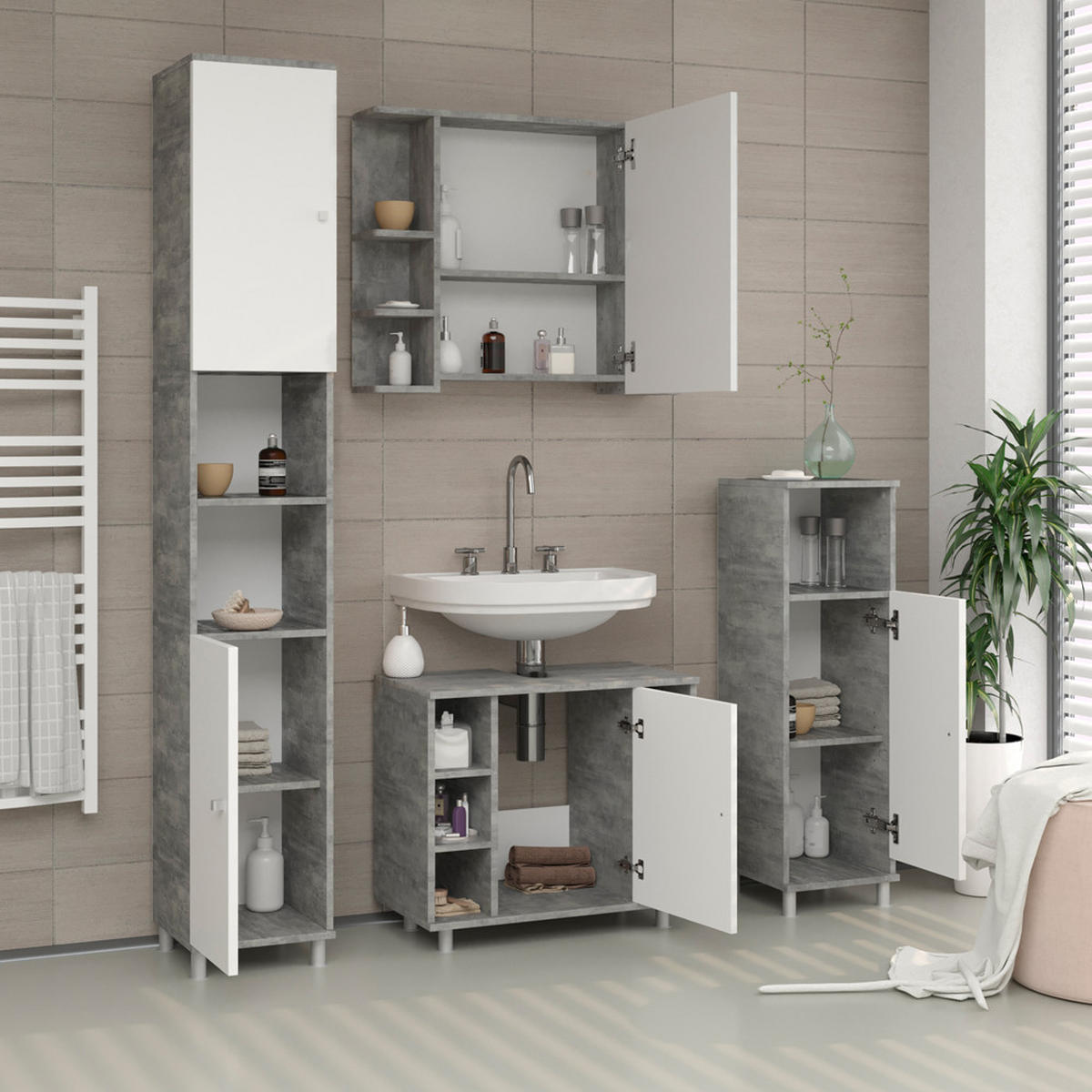 BADSCHRANK Fynn Beton 30 x 190 cm - Schieferfarben/Weiß, Holzwerkstoff (30/190/30cm) - Vicco