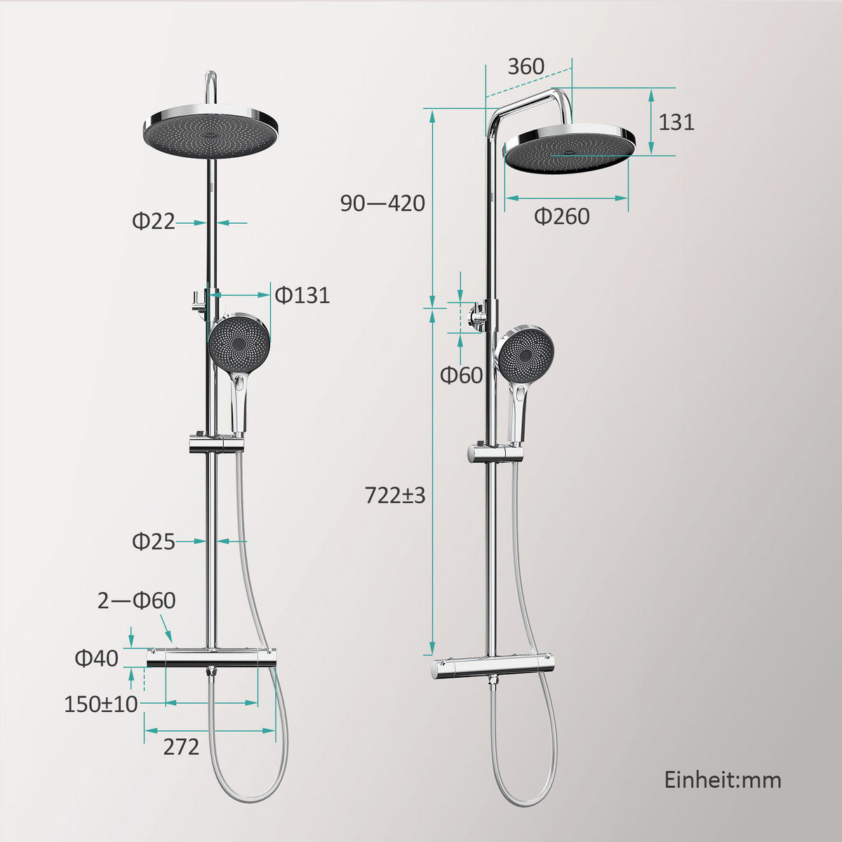 ÜBERKOPFBRAUSESET mit Thermostat Chrom - Chromfarben, Metall (27/124.4/50cm) - EMKE