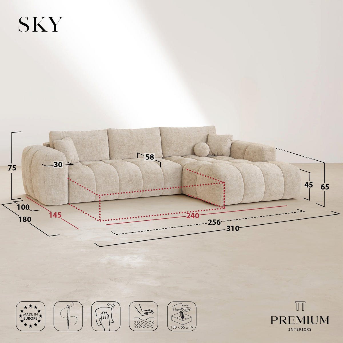 ECKSOFA rechtwinklig SKY Köpergewebe Beige 310cm - Beige, Textil (310/180cm) - Premium Interiors