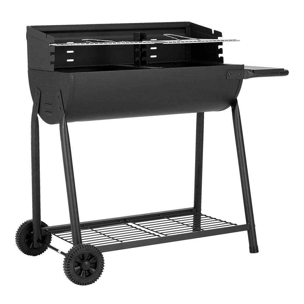 HOLZKOHLEGRILL Carbonstahl mit Rollen aus Kohlenstoffstahl in Schwarz langlebig & hitzebeständig pulverbeschichtet mobil 107,5 x54,5 x93 cm 15 kg - Schwarz, Metall (54/93/107cm) - Livingandhome