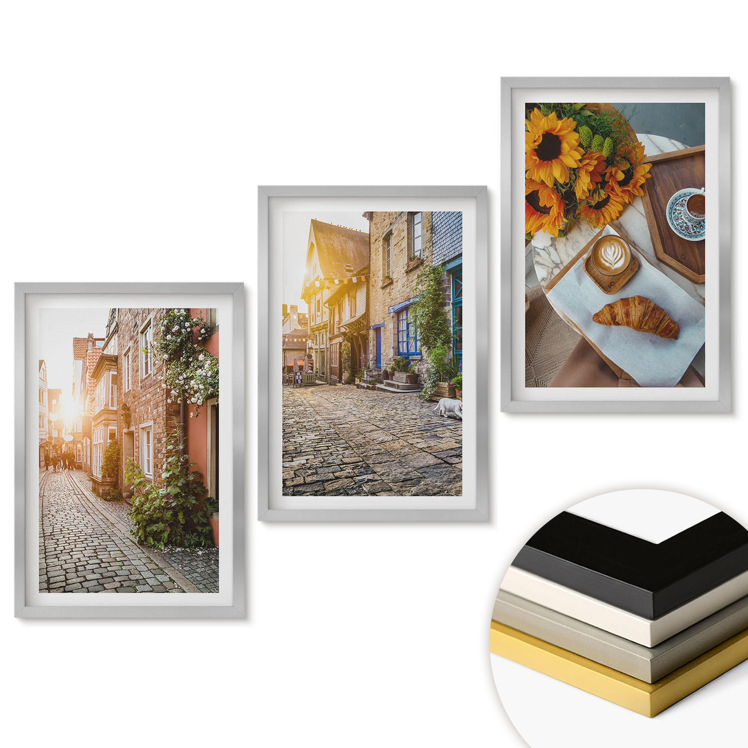 WANDBILDER 3er Set - 40x60 cm Silberner Rahmen - Straßenkaffee Sonnenblumen - Silberfarben, Kunststoff (40/60cm) - ArtPrintCave