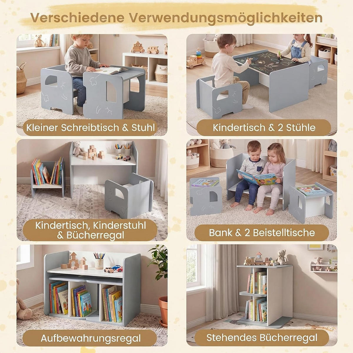 KINDERTISCH mit Stuhl grau(3-tlg) - Grau, Holzwerkstoff (62.5/40/48cm) - COSTWAY