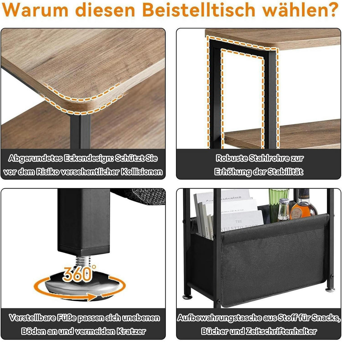 BEISTELLTISCH mit Stoffkorb Hellgrau 40 x 20 x 66 cm - Grau, Holzwerkstoff (40/20/66cm)