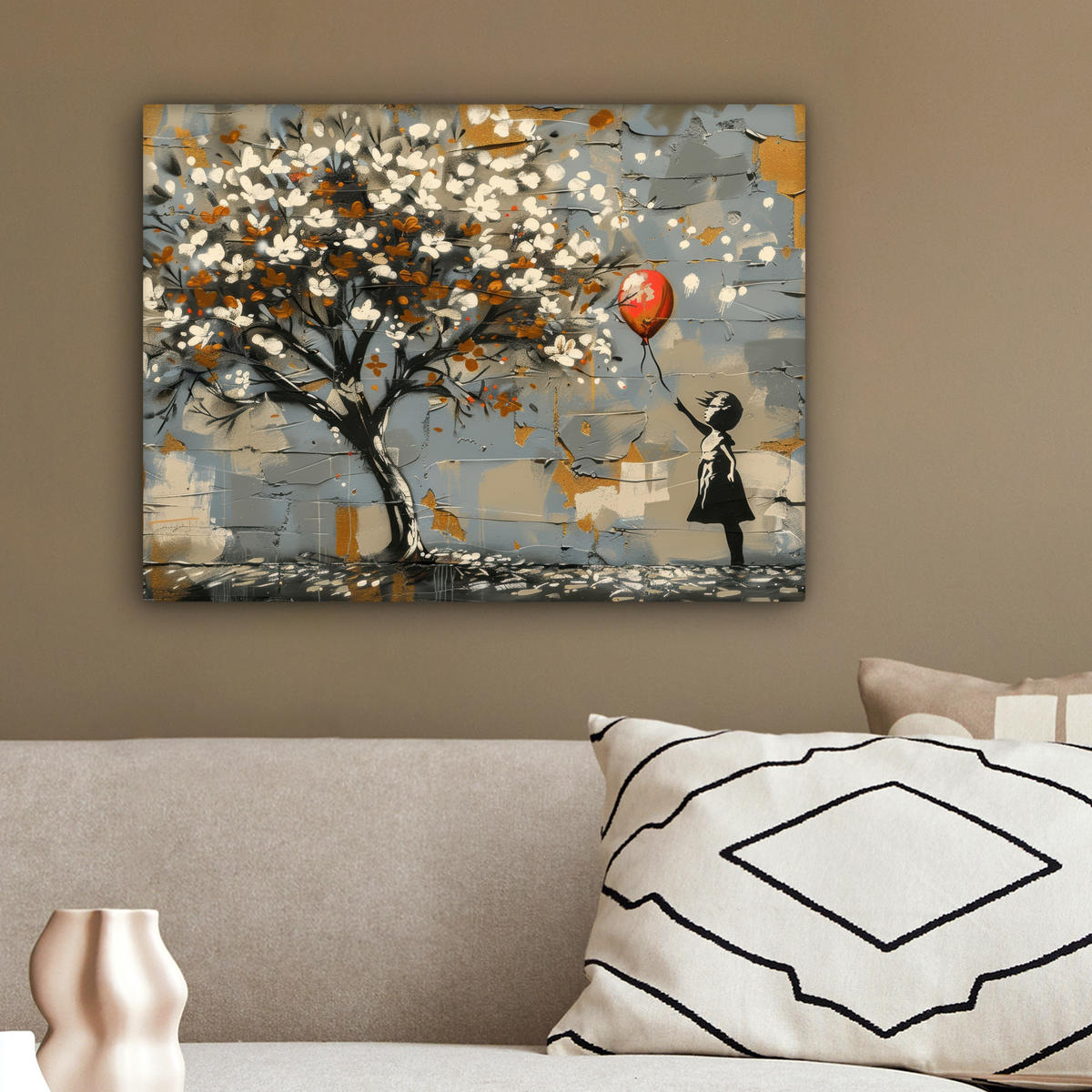 LEINWANDBILD Baum - Graffiti - Banksy-Stil - Ballon-Mädchen 40x30 cm - Blaugrau, Textil (40/30cm) - MuchoWow