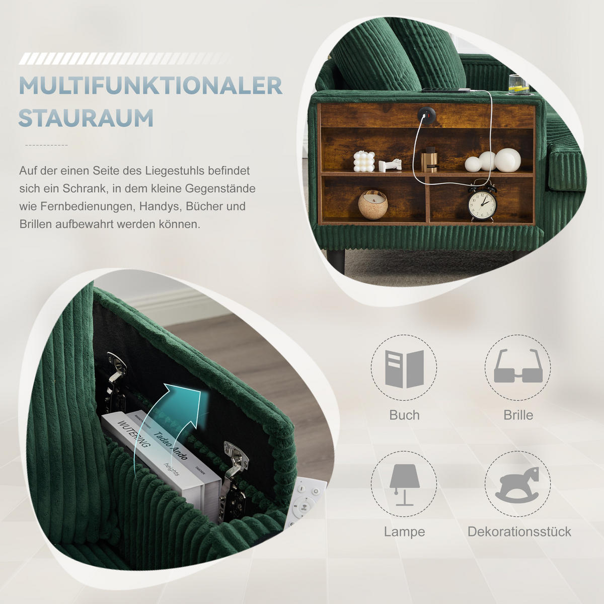 CHAISELONGUE Cord Smaragdgrün mit LED, Stauraum, USB und Becherhaltern - Smaragdgrün, Kunststoff/Textil (129/70/170cm) - WISHDOR