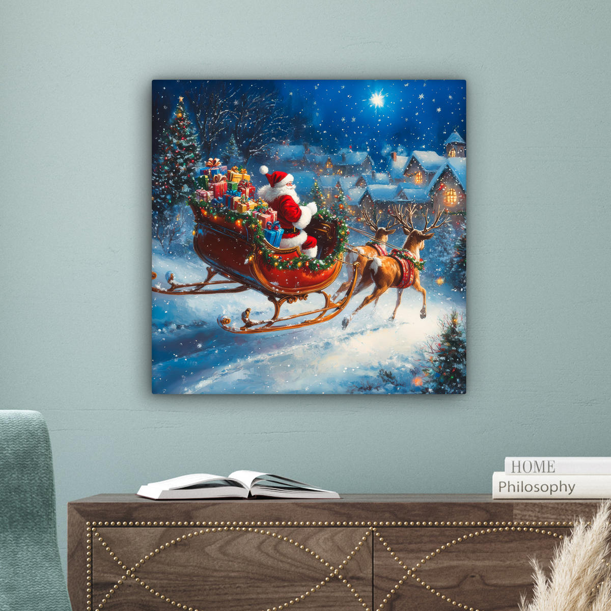 LEINWANDBILD Weihnachtsmann - Rentier - Weihnachten - Schnee Wandbild Wohnzimmer 50x50 cm - Cognac, Textil (50/50cm) - MuchoWow