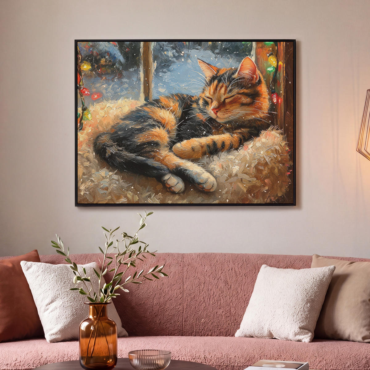 LEINWAND Bilder mit Rahmen - Katze - Weihnachten - Winter - Tier - 100x70 - Bernsteinfarben, Textil (100/70cm) - MuchoWow