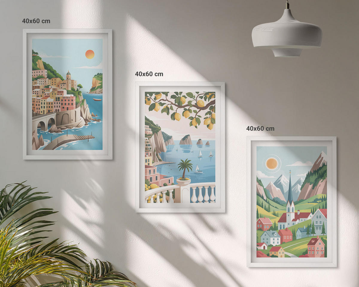 BILDER SET 3er Set - 40x60 cm Weißer Rahmen - Landschaften, Meer, Zitrusfrüchte - Weiß, Kunststoff (40/60cm) - TULUP