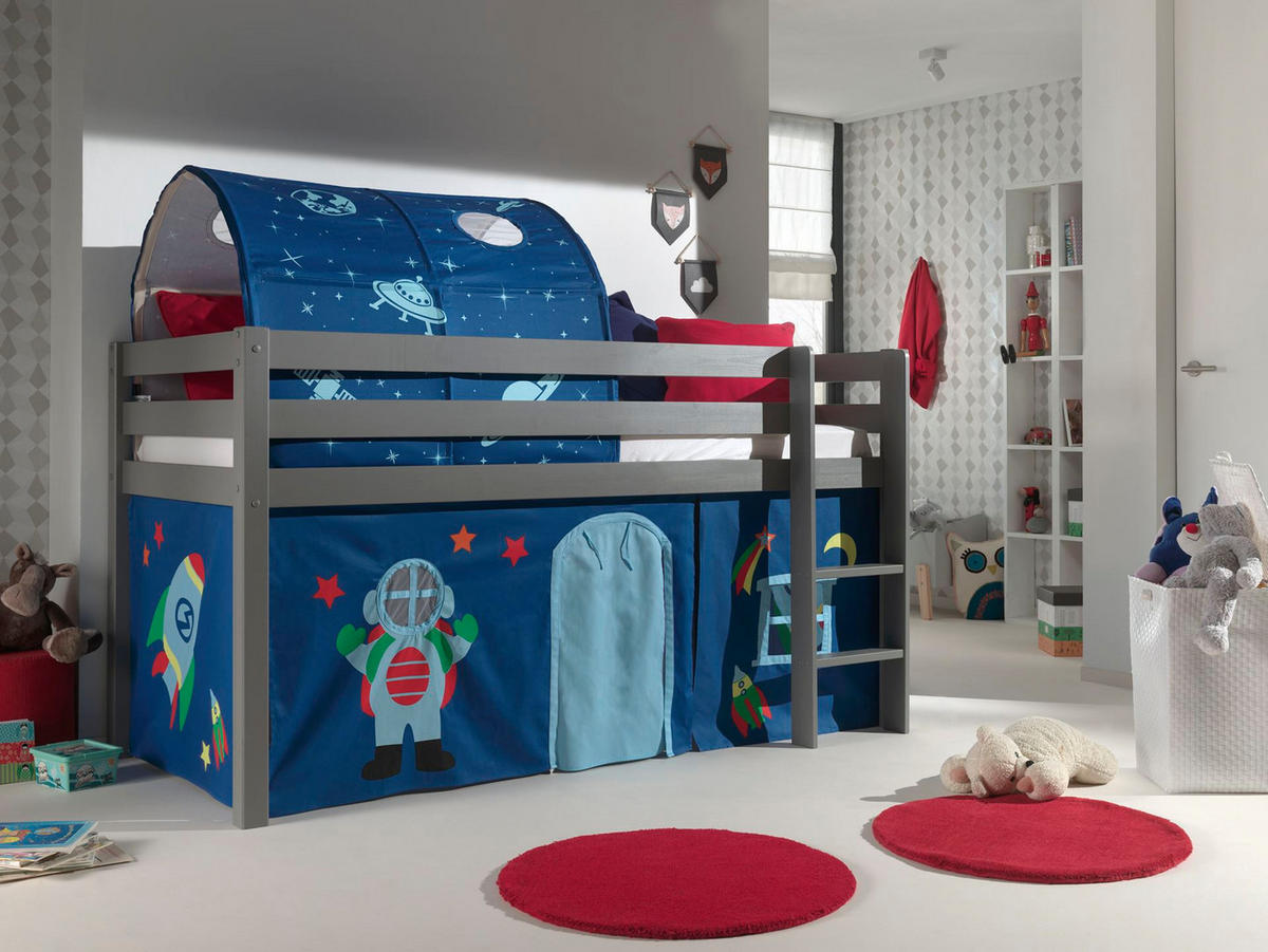 KINDERBETT Karolina 210x114x106 Massivholz Grau Textilset Astro 2 - Blau/Grau, Holz (90/200cm) - 58aufmkessel