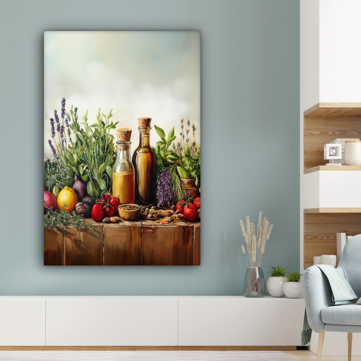 LEINWANDBILD Stilleben - Kräuter - Gewürze - Früchte - Farbenfroh Deko Groß 90x140 cm - Grün, Textil (90/140cm) - MuchoWow