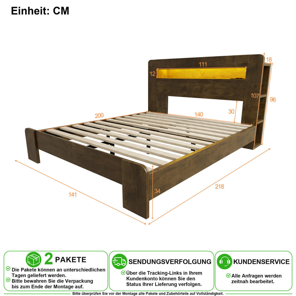 BETTGESTELL 140/200 cm in Vintage-Holz mit Stauraum, LED und Steckdosen aus Holz - Eichefarben, Holz/Holzwerkstoff (140/200cm) - CHICFURN
