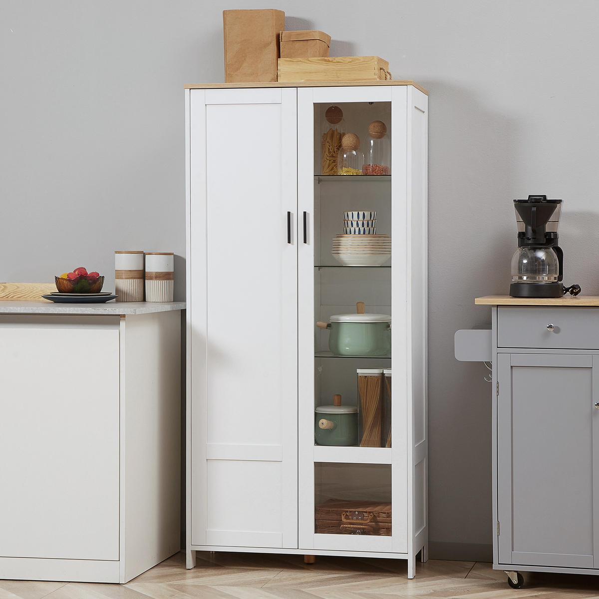 VITRINENSCHRANK DE-11034 7 Böden (3 aus Glas) mit 2 Türen Weiß - Weiß, Holzwerkstoff (36/160/76cm) - ComfortXL