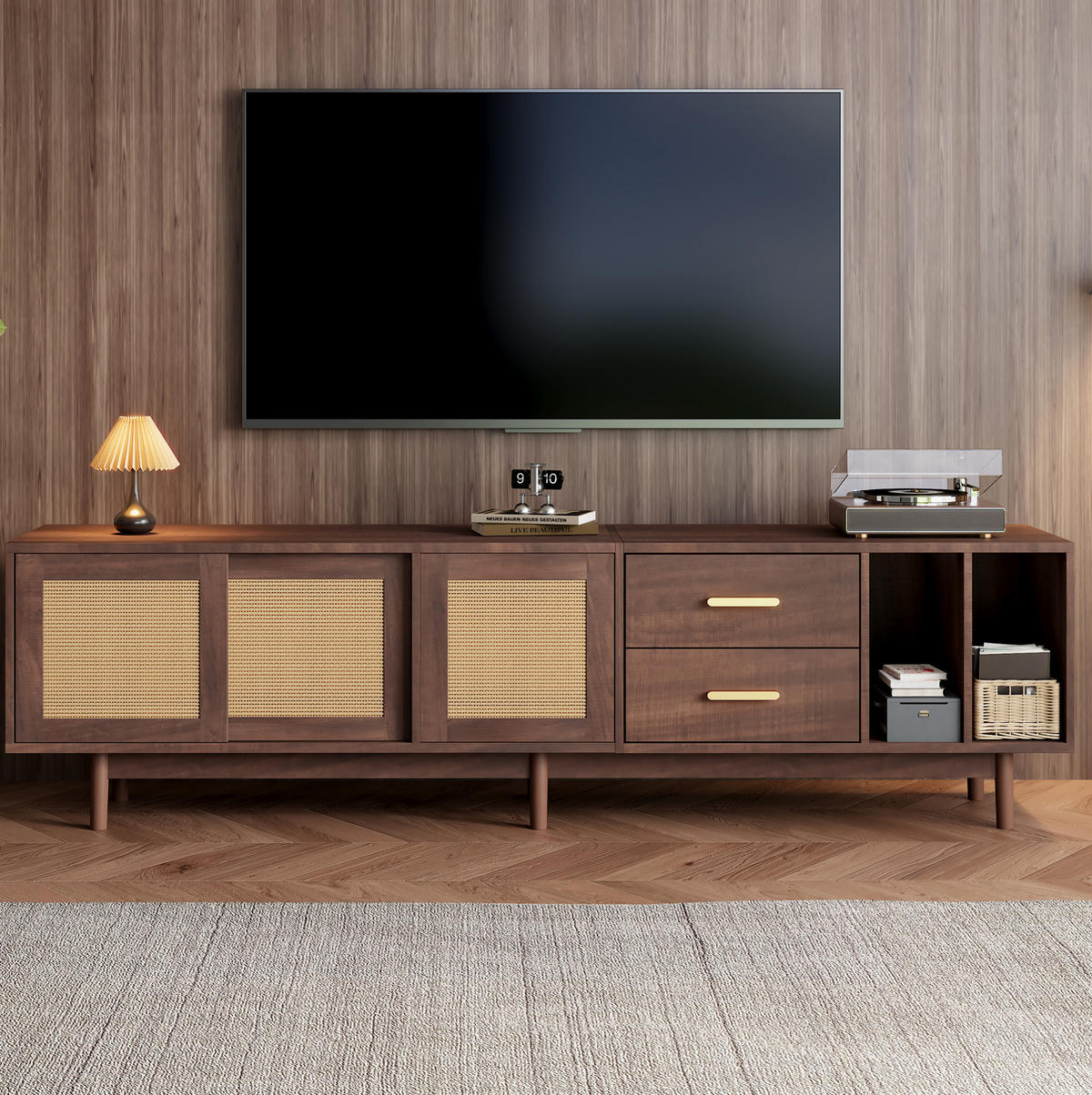 TV-LOWBOARD aus MDF 190x40x52 cm Braun mit Rattanfront, 3 Türen, 2 Schubladen und 2 offenen Fächern - Braun, Holzwerkstoff (190/52/40cm) - Modfu