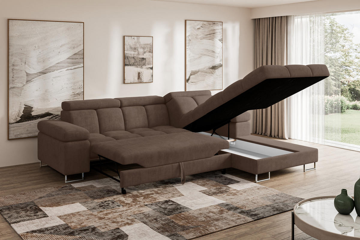 ECKSOFA mit Schlaffunktion Ottomane Rechts COMA L 271x203x79 Braun Velours - Braun, Holzwerkstoff/Textil (203/271cm) - ALTDECOR