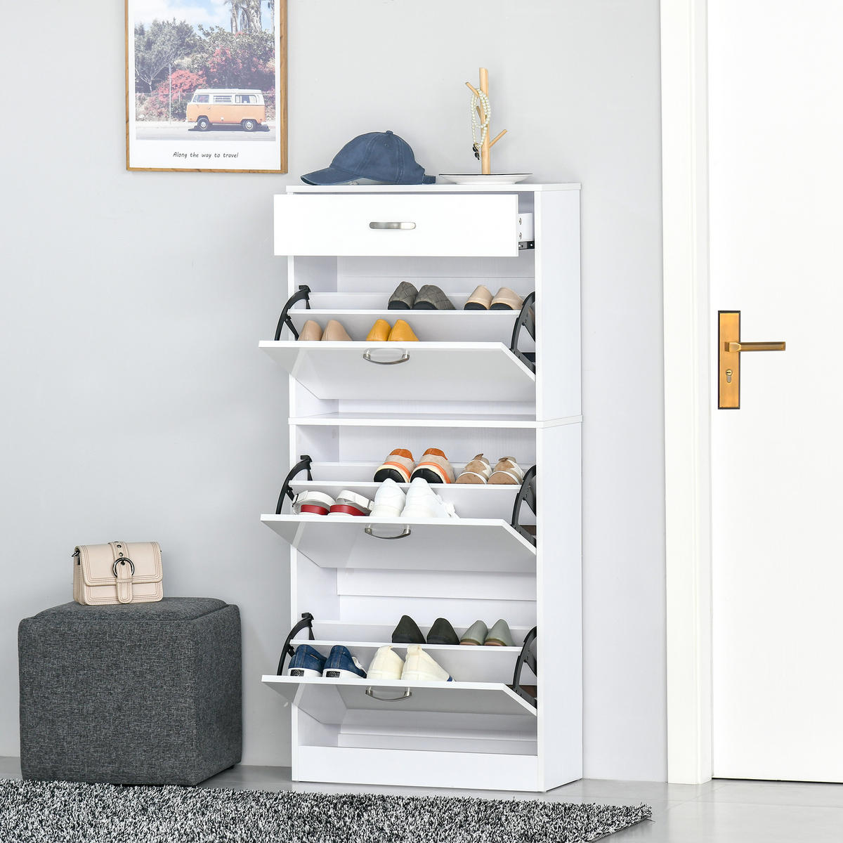 SCHUHSCHRANK DE-14975 3 Klapptüren & Schublade Weiß - Weiß, Holzwerkstoff (62/135/24cm) - ComfortXL