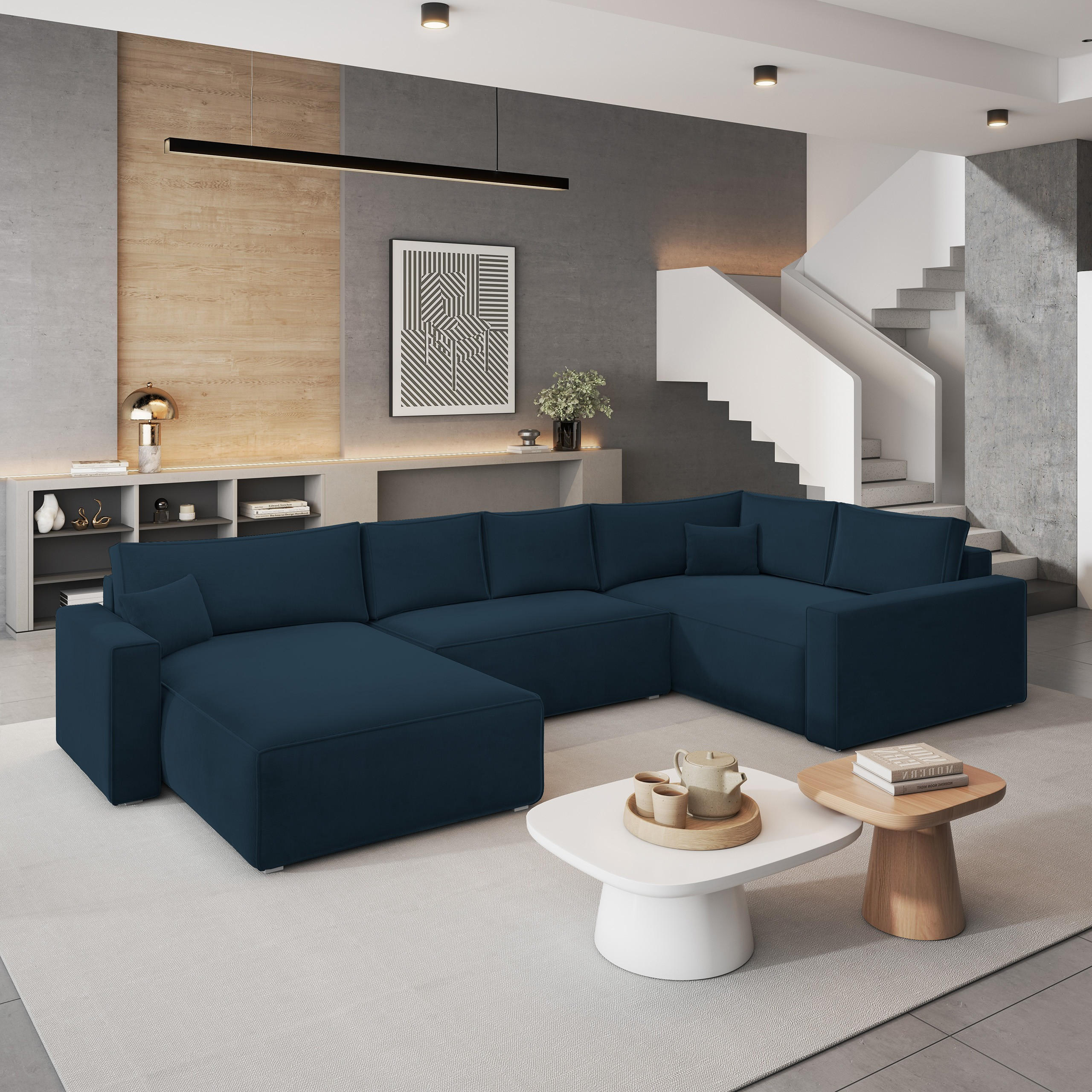 WOHNLANDSCHAFT VELAMI R-S Blau Velours-Stoff mit Schlaffunktion - Blau, Holz (365/83/194cm) - MASSENO