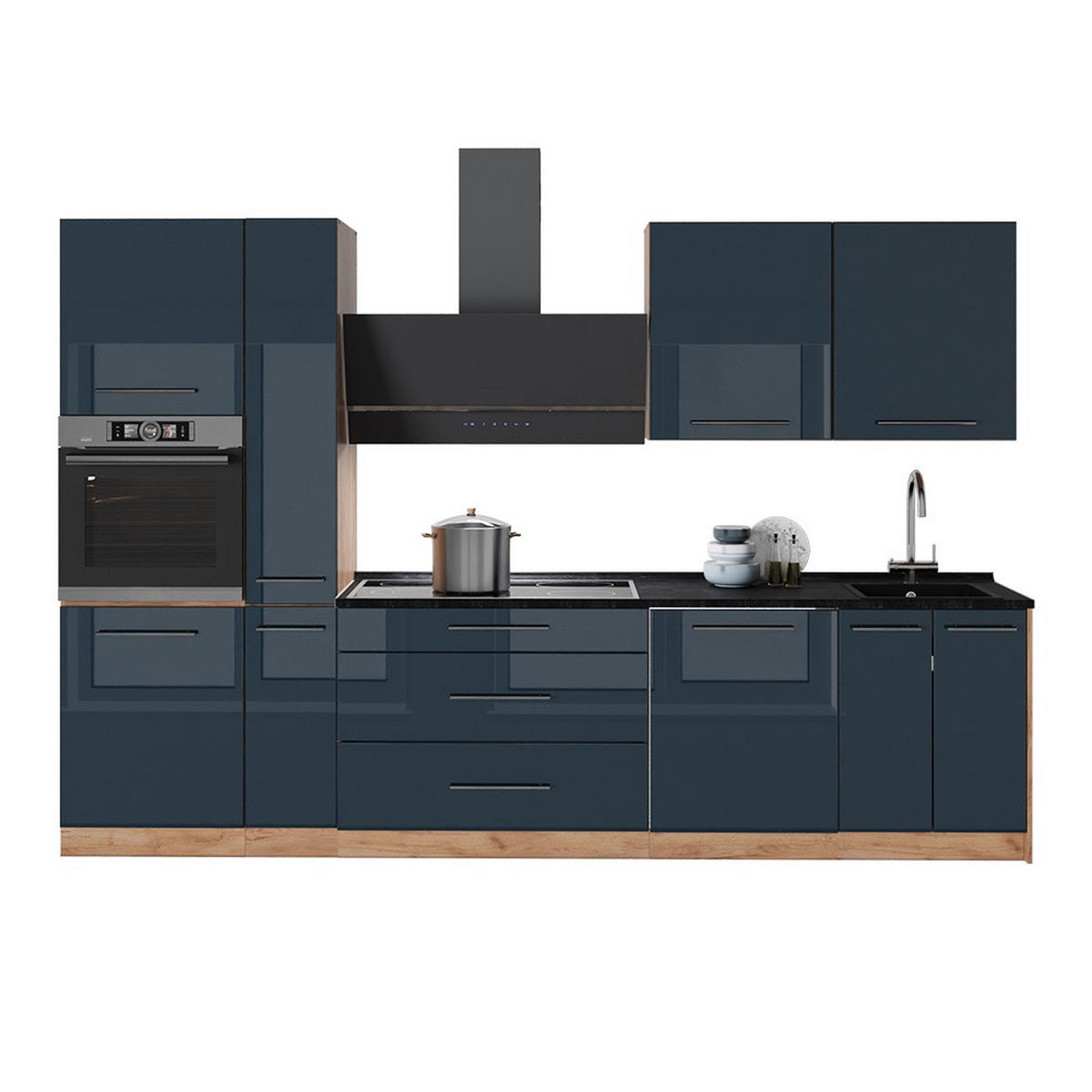 KÖK Fame-Line, Mörkblå högblank/Goldkraft ek, 310 cm, AP Antracit - Honungsek/Mörkblå, Träbaserade material (310/206.8/60cm) - Vicco